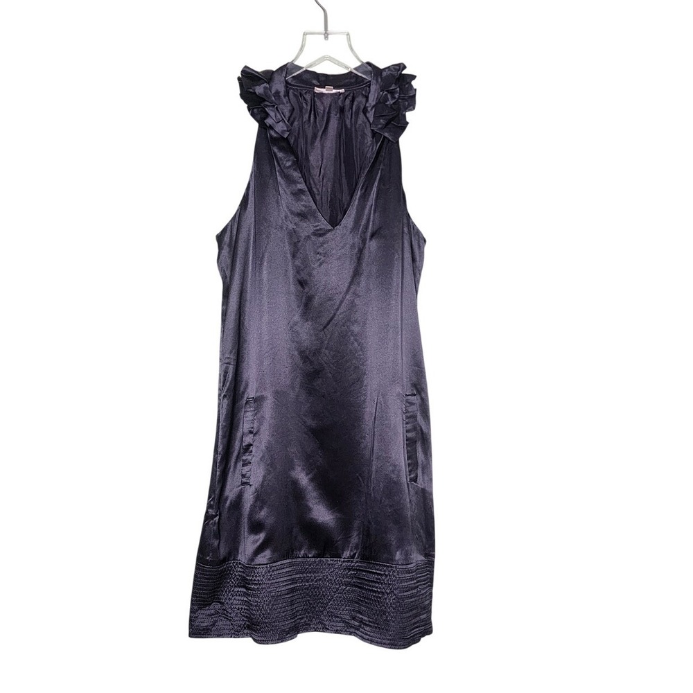 Matty M Black Silk Dress Party Cocktail V-Neck Sleeveless Ruffle Collar M